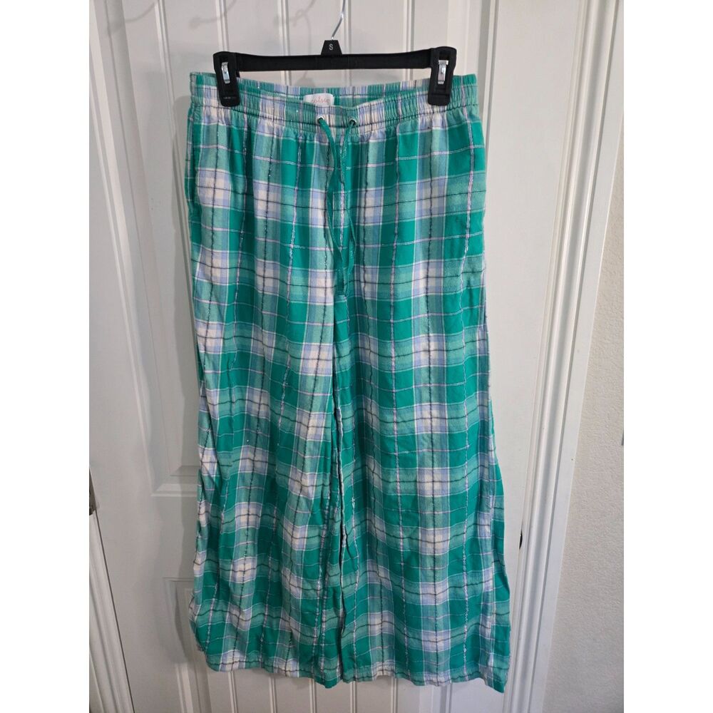 Colsie Women’s Medium Green Plaid Pajama Pants Wide Leg Drawstring Metallic
